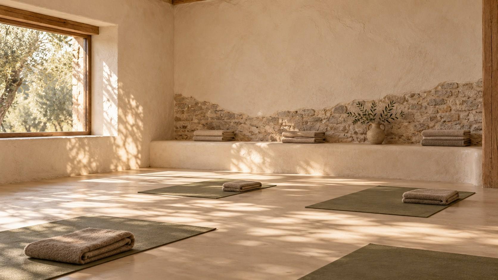 Sala de práctica con paredes de cal, una franja de piedra vista, un banco de obra con mantas y cuatro esterillas